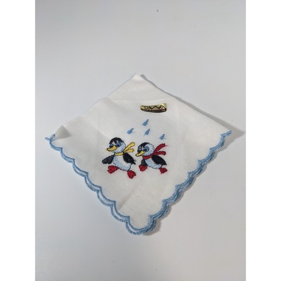 Vintage Penguins Hanky Handkerchief Pocket Scarf Blue Scalloped Edges Red Yellow - Picture 2 of 7